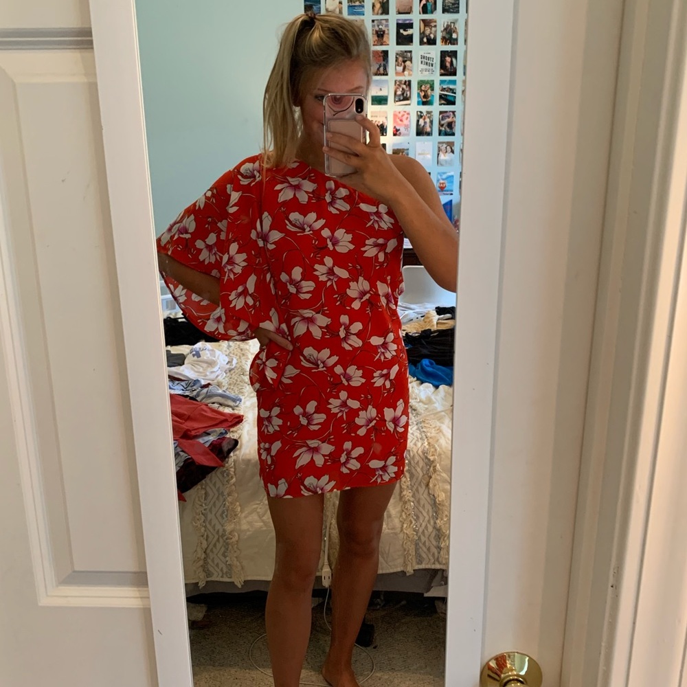 Red, floral pattern off the shoulder dress!